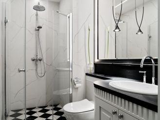 czarno biała łazienka w apartamencie projektu Rolanda Stańczyka