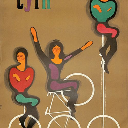 Cyrkowy z cyklistami na bicyklach i monocyklach, Maciej Hibner, 1965 r.