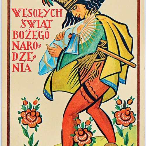 Janosik z Dzieciątkiem, proj. Anna Gramatyka-Ostrowska, pocztówka drukowana z użyciem złotej farby, lata 20.-30. XX w.