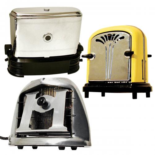 Toast-O-Lator. Kromkę chleba wkładało się z jednej strony, a wyjeżdżała z drugiej, 1940 USA. Toaster HMV nawiązuje do stylu